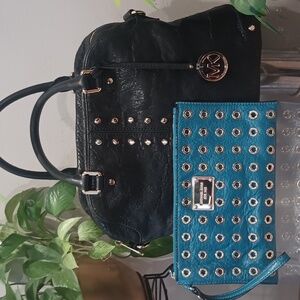 Michael Kors Black Astor Studded Leather Shoulder Bag and Teal Studded Wristlet
